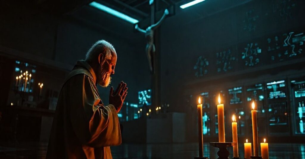 Staruszek ksiądz w tradycyjnych szatach modli się przed krzyżem w ciemnej kaplicy z widokiem laboratoryjnego centrum transhumanizmu w tle.