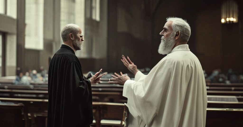 Obraz przedstawia Travisa Mogera, byłego pastora protestanckiego, podczas rzekomej 'ordynacji' w nowym porządku liturgicznym