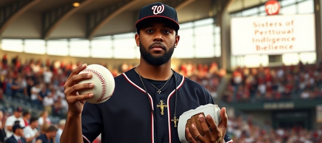 Trevor Williams, katolicki baseballista z Washington Nationals trzymający piłkę i różaniec na stadionie