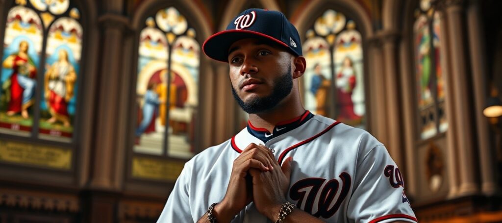 Portret Trevora Williamsa w marynarce Washington Nationals modlącego się w tradycyjnym kościele