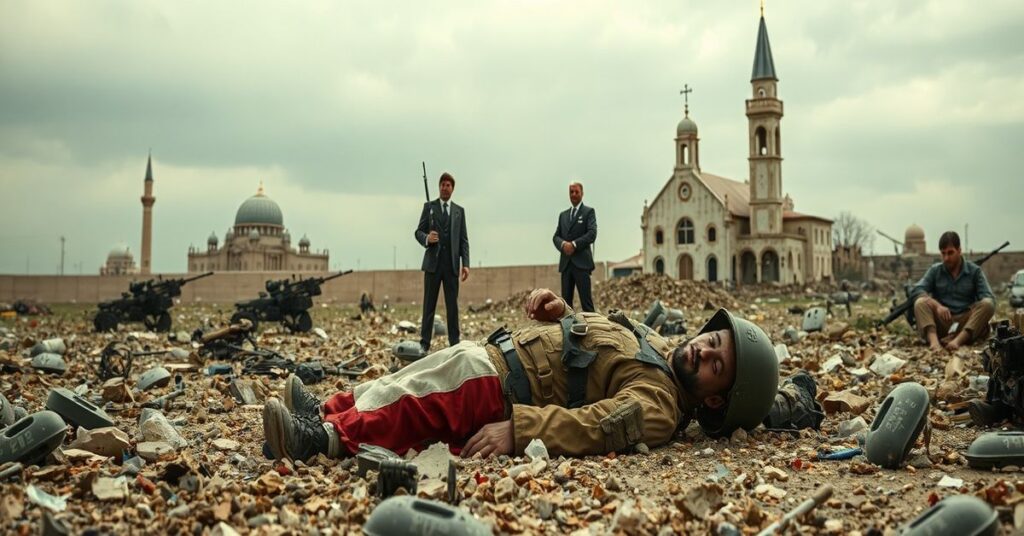 Realistyczne przedstawienie zniszczeń wojennych na Bliskim Wschodzie z rannym żołnierzem i triumfującymi urzędnikami Pentagonu.