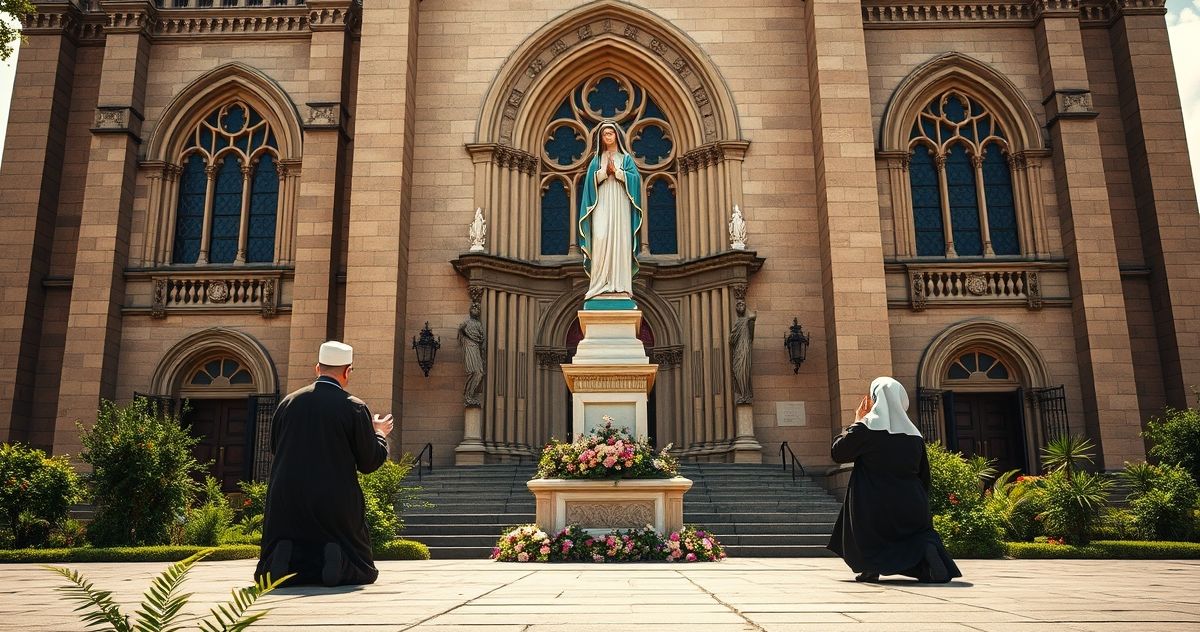 Realistyczne, pełne szacunku zdjęcie trzech pątników modlących się przed kościołem katolickim, ukazujące głębię wiary i pokory