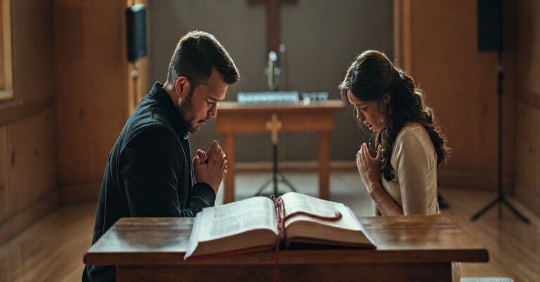 Pobłądni małożoniec i jego żona modlący się w tradycyjnym katolickim stylu przed ołtarzem