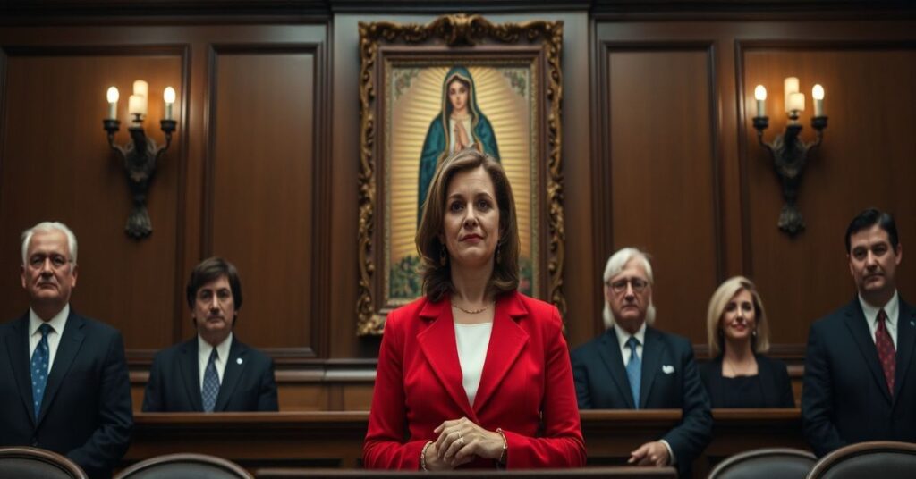 Sądowa sala z przedstawicielami administracji Donalda Trumpa broniącymi dostępu do tabletów aborcyjnych przy oporze prokurator Liz Murrill. Obraz ewokuje katolicką perspektywę na moralne bankructwo.