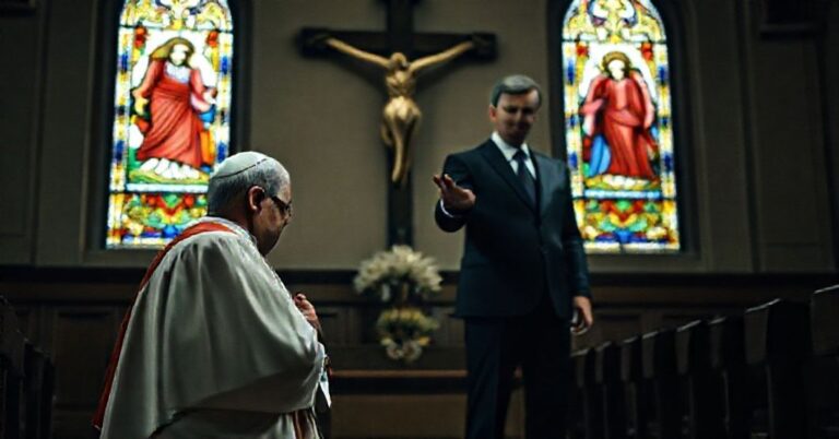 Ksiądz katolicki w tradycyjnej szacie liturgicznej modli się przed krzyżem podczas gdy polityk w garniturze gestykuluje w tle w kościele.
