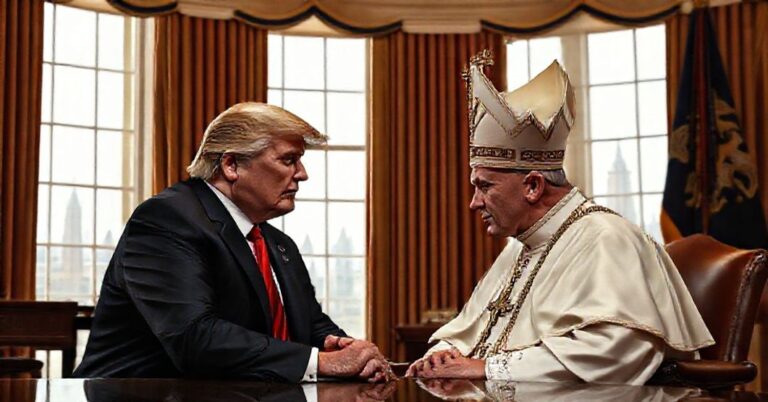 Donald Trump spotyka się z antypapieżem Leonem XIV w Białym Domu; tradycyjne katolickie symbole w tle.