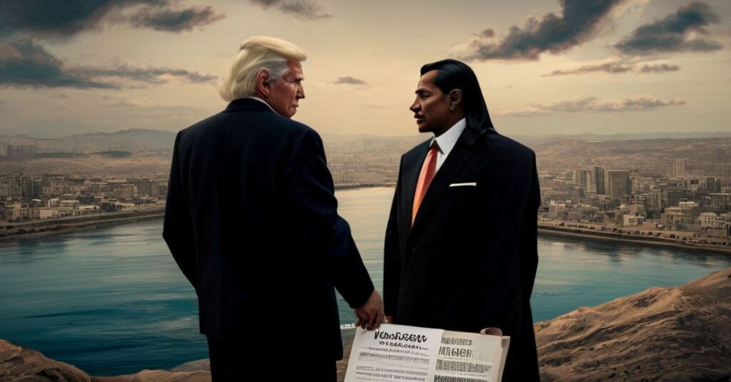 Donald Trump i Abd el-Fattah as-Sisi nad Nilem, fotografia realistyczna z tłem Wielkiej Etiopskiej Tamy (GERD) i suchych krajobrazów Sudanu.