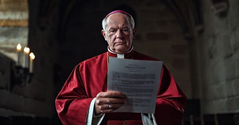 Ksiądz w tradycyjnej szacie liturgicznej trzyma oryginalne oświadczenie Donalda Trumpa o Niepokalanym Poczęciu Marii Panny w ciemnym kościele