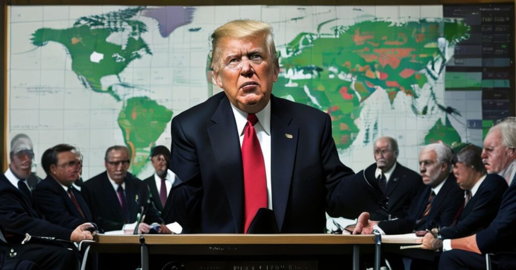 Donald Trump mówi na Forum Ekonomicznym w Davos, z tłem lękujących się liderów światowych i mapy Grenlandii. Scena ilustruje krytykę jego polityki wobec katolickiej nauki społecznej.