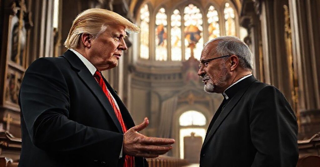 Obraz przedstawiający Donalda Trumpa i Prezydenta Polski Andrzeja Dudę w poważnej rozmowie przed tłem katedry katolickiej. Scena podkreśla kontrast między politycznym pragmatyzmem a porządkiem nadprzyrodzonym.