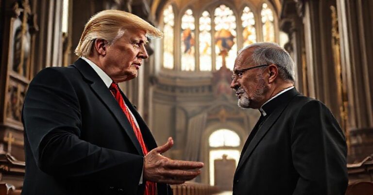 Obraz przedstawiający Donalda Trumpa i Prezydenta Polski Andrzeja Dudę w poważnej rozmowie przed tłem katedry katolickiej. Scena podkreśla kontrast między politycznym pragmatyzmem a porządkiem nadprzyrodzonym.