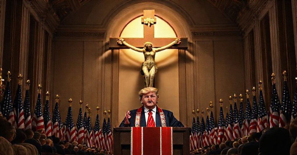 Soboty tradycyjna katolicka scena Donalda Trumpa wygłaszającego przemówienie w Dniu Dziękczynienia, z duzym krzyżem na tle.