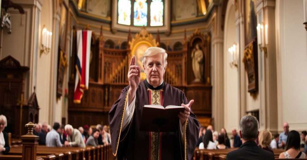 Ksiądz katolicki w tradycyjnym stroju w kościele potępia normalizację homoseksualizmu przez Donalda Trumpa