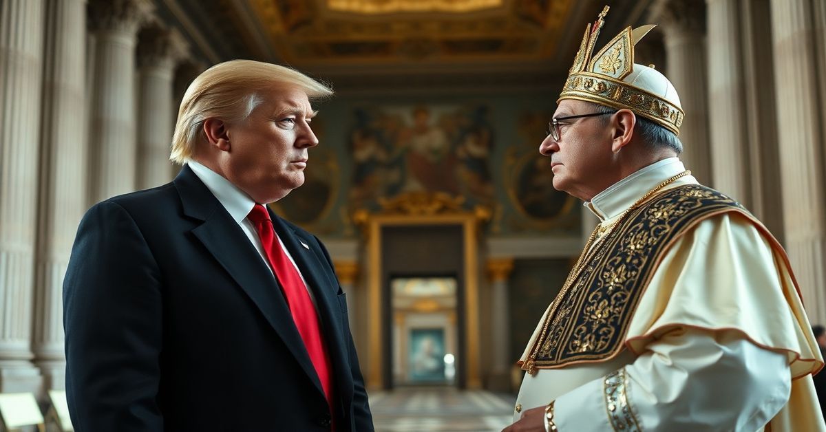 Obraz przedstawiający donalda trampa i roberta prevosta (leona xiv) w napiętej dyskusji politycznej na tle watykanu