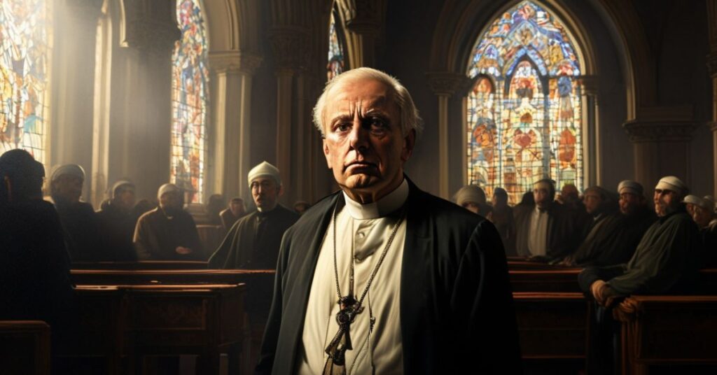 Portret Donalda Trumpa w cathedralnym wnętrzu z witrażami przedstawiającymi męczeństwo i prześladowanie chrześcijan w Iranie.