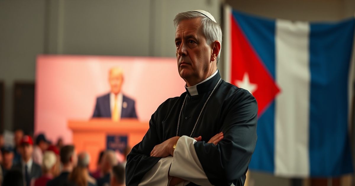 Ksiądz katolicki w sutannie i sukcursie patrzy z troską na scenę polityczną z udziałem Donalda Trumpa i flagą Kuby na tle