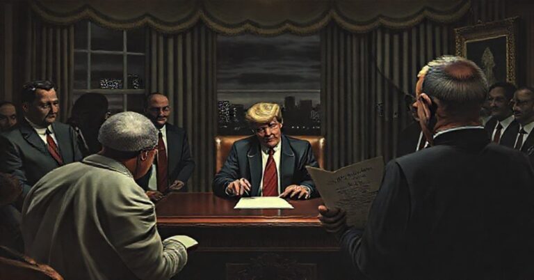 Donald Trump podpisuje rozporządzenie zmieniające klasyfikację marihuany, na tle zaniepokojonego księdza