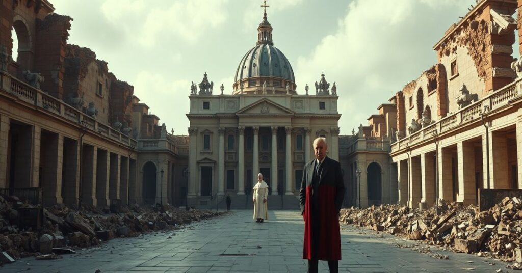 Pusty ołtarz w Bazylice Świętego Piotra z cieniem anty-papieża w tle i Donaldem Trumpem podczas konfliktu