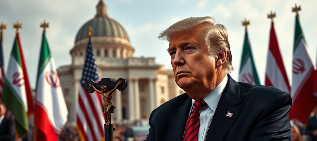 Donald Trump w modlitwie przed obrazem Chrystusa Króla z tłem Watykanu i flagami arabskich państw