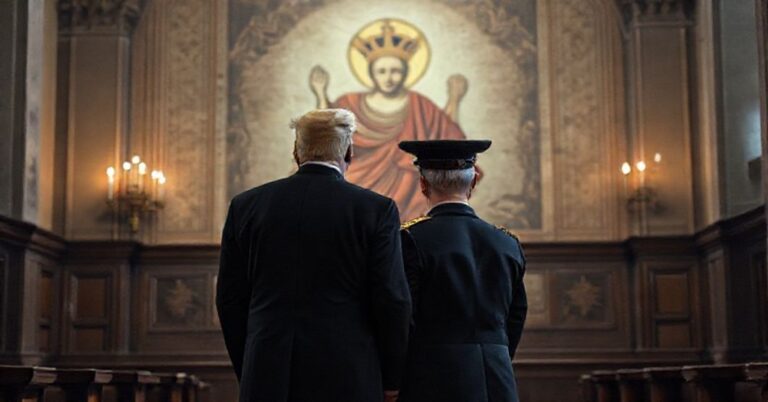 Zdjęcie Donalda Trumpa i prezydenta Karola Nawrockiego w tradycyjnym katolickim wnętrzu symbolizującym krytykę świeckiego nacjonalizmu.