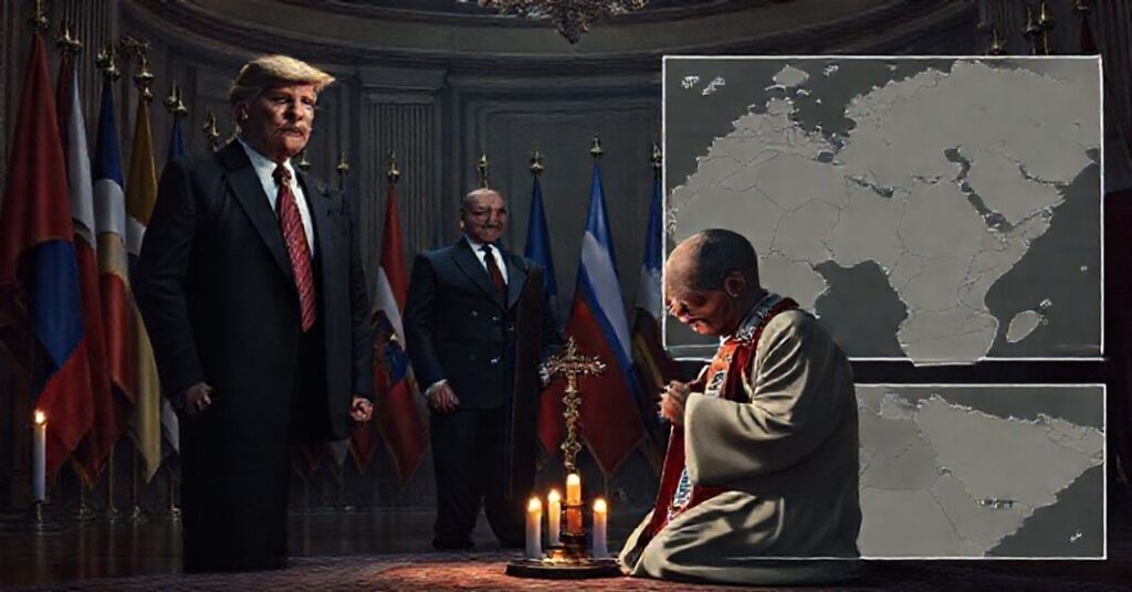 Scena przedstawiająca Donalda Trumpa i Władimira Putina w sali dyplomatycznej z mapą Ukrainy i Sudanu na tle. Katolicki ksiądz modli się z krzyżem na ręce.