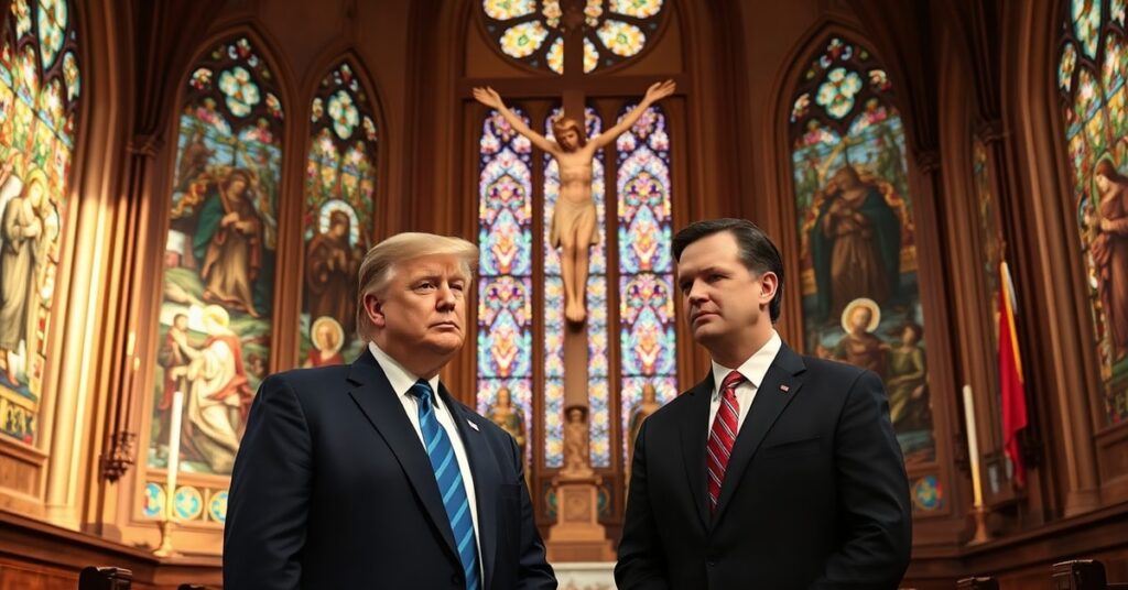 Obraz przedstawiający Donalda Trumpa i Marco Rubia w tradycyjnym kościele katolickim z witrażami ukazującymi sceny wojny i pokoju.