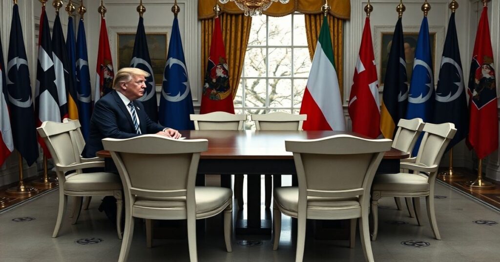 Donald Trump i Mark Rutte podczas napiętego spotkania dyplomatycznego w Białym Domu, otoczeni flagami państw NATO. Seriousny nastrój odzwierciedla kryzys wiary w nowoczesnych sojuszach.