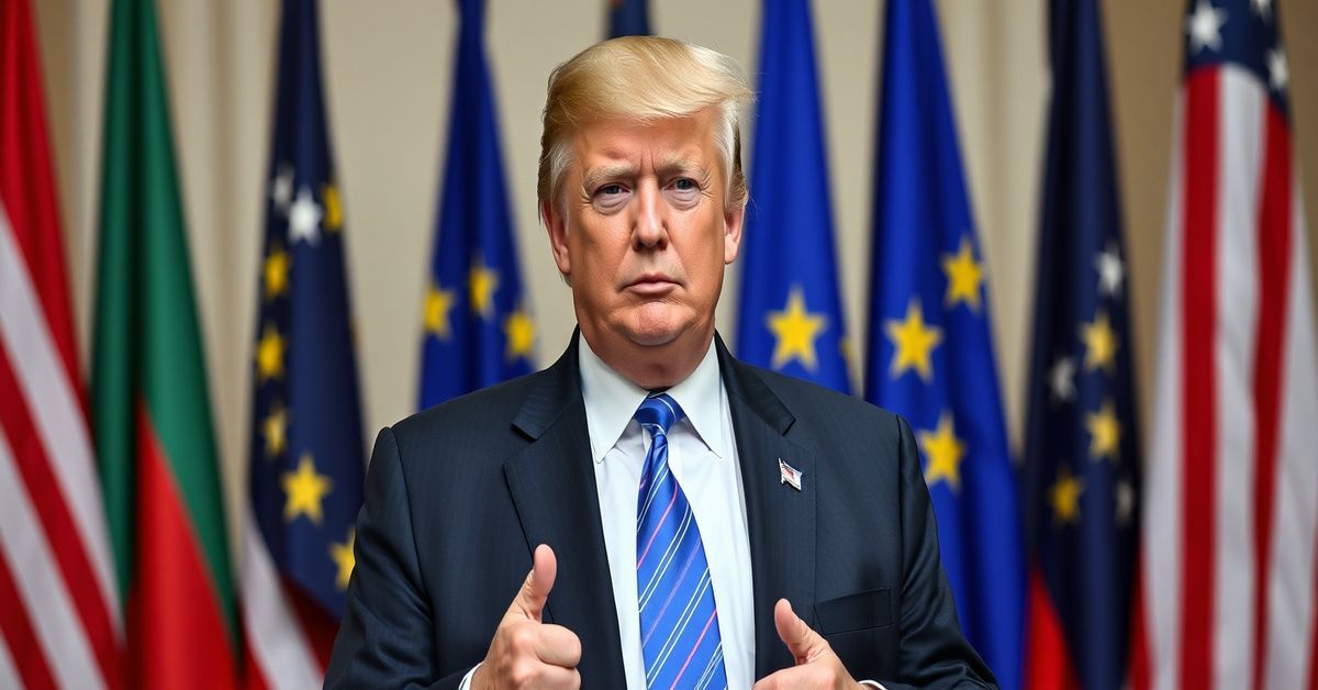 Donald Trump przed tłem Unii Europejskiej i symbolami sekularyzmu