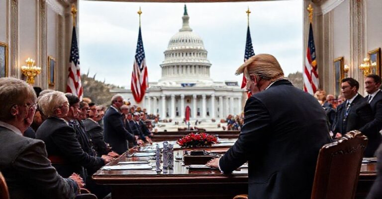Donald Trump podpisuje ustawę kończącą shutdown USA w 2025 roku z Republikańską delegacją kongresmenów w Gabinecie Owalnym.