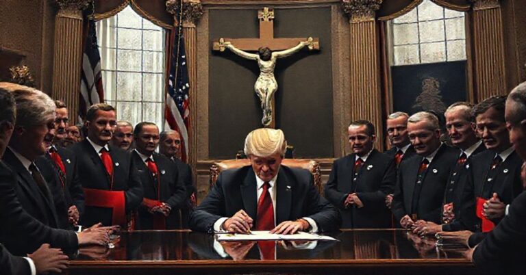 Prezydent Donald Trump podpisuje ustawę kończącą shutdown w Białym Domu, otoczony republikańskimi kongresmenami przy obecności krzyża. Scena podkreśla światową moc w kontrastie z królowaniem Chrystusa.