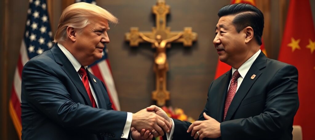 Donald Trump i Xi Jinping w trakcie spotkania dyplomatycznego, bez odniesienia do Królestwa Chrystusa