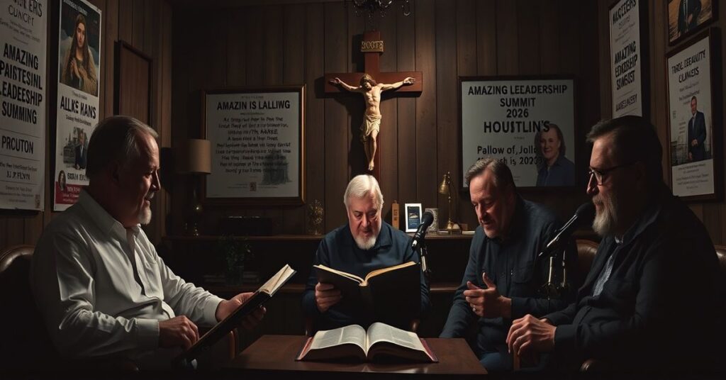 Grupa mężczyzn w pokoju z materiałami promocyjnymi dla wydarzenia 'Amazing Parish Leadership Summit 2026', symbolizującym decydujący moment apostolskiego upadku Kościoła.