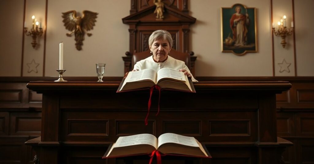 Zdjęcie przedstawiające obrady Trybunału Konstytucyjnego w Polsce, gdzie sędzia Krystyna Pawłowicz ogłasza zakaz działalności Komunistycznej Partii Polski (KPP), z odniesieniem do nauk papieskich.