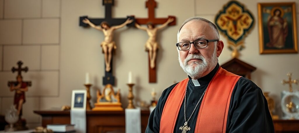 Ojciec Maciej Kowalski, trynitarz z Krakowa, w tradycyjnym katolickim otoczeniu z krzyżem i przedmiotami religijnymi.