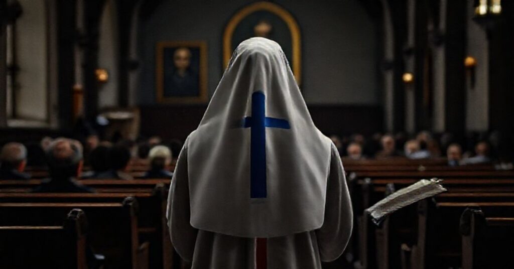 Wizerunek przedstawiający rzekomego "arcybiskupa" Marka Jędraszewskiego podczas homilii w klasztorze trynitarskim w Płaszowie. Scena ukazuje zdeformowane symbole Trójcy Świętej na habicie zakonnym oraz współczesne elementy sekularyzacji.