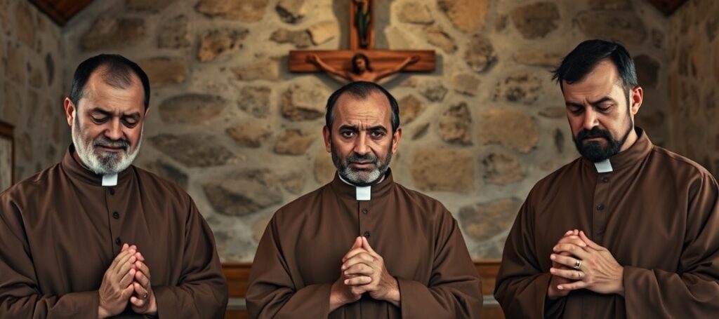 Trzech zakonników franciszkanów Emmanuela w modlitwie po uwolnieniu – klasyczna fotografia w kameruńskiej kaplicy ukazująca ich pokorę i wdzięczność za Boże wsparcie