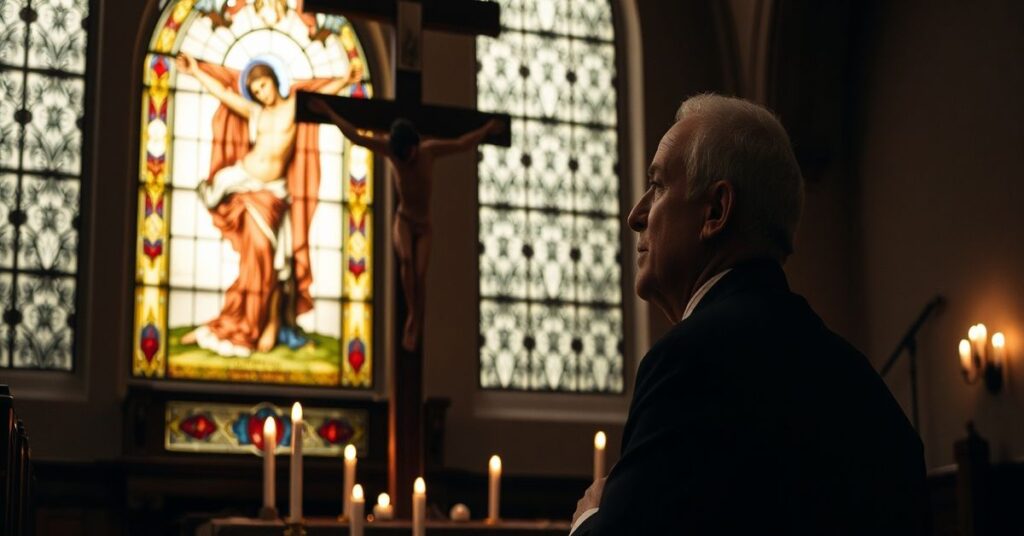 Scena w tradycyjnym kościele katolickim z księdzem w sutannie modlącego się przed krzyżem, z oknem witrażowym przedstawiającym Trzecie Słowo z Krzyża.