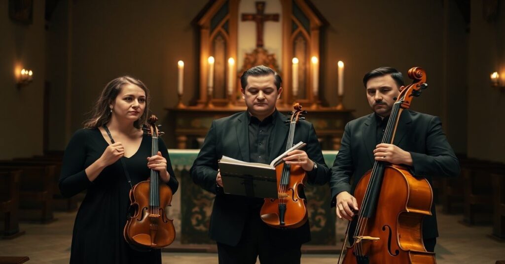 Trzej polscy muzycy w tradycyjnym kościele katolickim podczas koncertu z instrumentami w ręku.