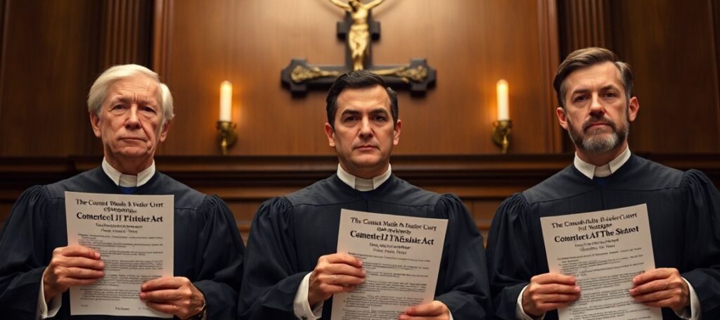 Trzej sędziowie Sądu Najwyższego USA - Clarence Thomas, Samuel Alito i Stuart Kyle Duncan - stają w sądzie przy wisiorku z krzyżem