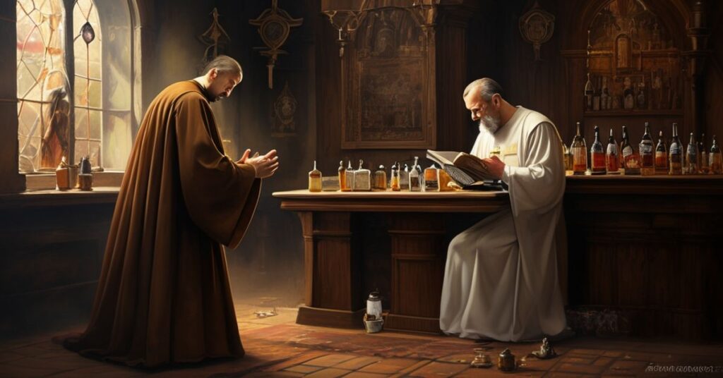 Pokorni mężczyzna w tradycyjnym stroju modli się przed ołtarzem z biblią otwartą na 1 Kor 6:19 i krzyżem, tło przedstawia ciemne piwiarnia z pustymi butelkami piwa.