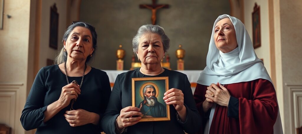 Portret trzech katolickich matek - Wiktorii Ulmy, Marianny Popiełuszko i św. Moniki z Hippony - modlący się w tradycyjnym kościele pod koroną Chrystusa Króla