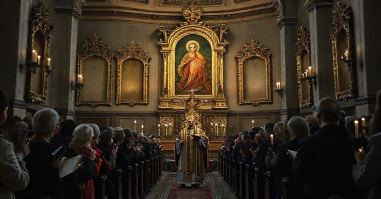 Wnętrze sanktuarium w Tuchowie z pustymi ramami po zdjętym obrazie Matki Bożej, w obecności "biskupa" Andrzeja Jeża i wiernych trzymających różańce i ofiary