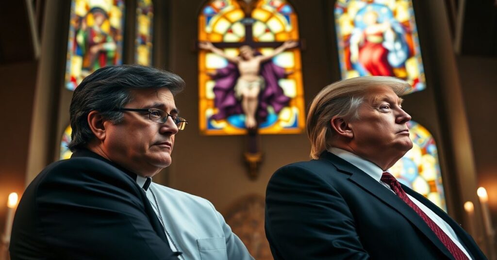 Tradycyjny wnętrze kościoła katolickiego z Tuckerem Carlsonem i Donaldem Trumpem w medytacji przed obrazem Chrystusa Króla.