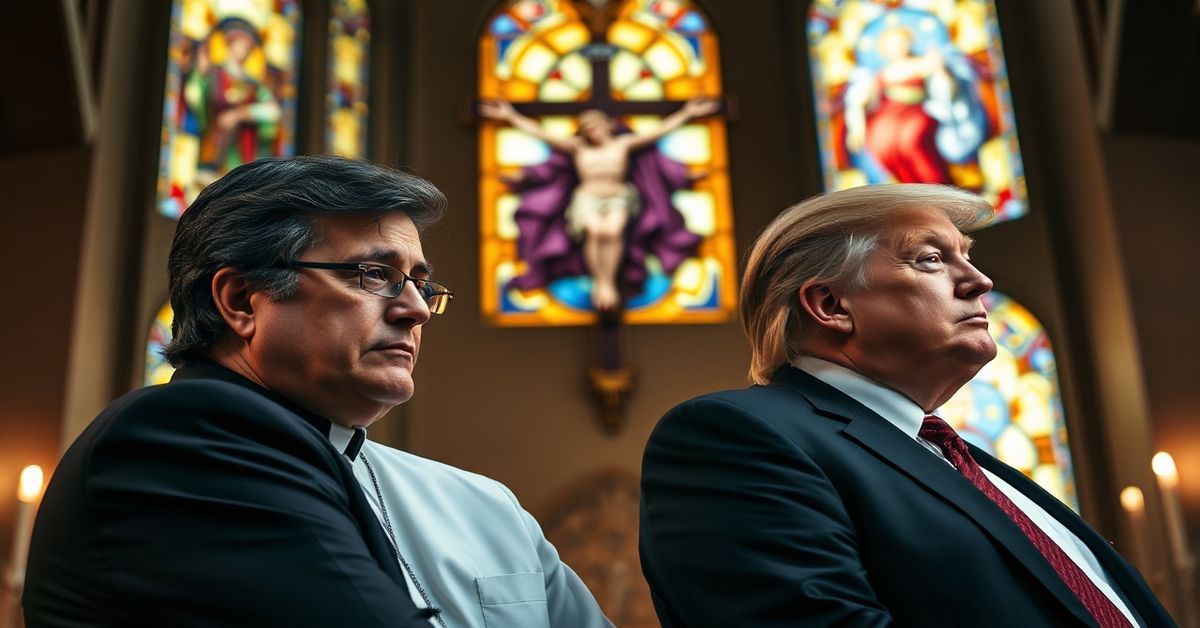 Tradycyjny wnętrze kościoła katolickiego z Tuckerem Carlsonem i Donaldem Trumpem w medytacji przed obrazem Chrystusa Króla.