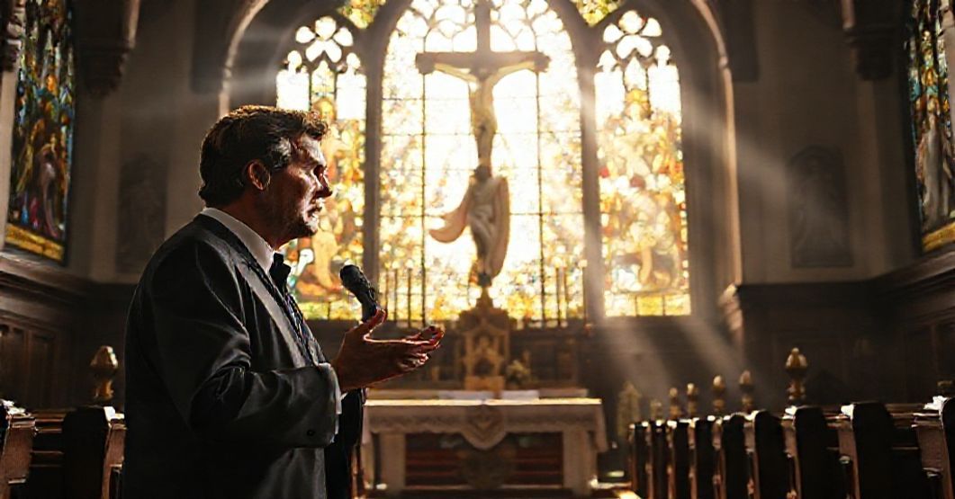 Tucker Carlson o herezji syjonizmu chrześcijańskiego - widok tradycyjnego kościoła Tucker Carlson w tradycyjnym kościele katolickim, mówiący o herezji chrześcijańskiego syjonizmu z perspektywy katolickiej teologii.