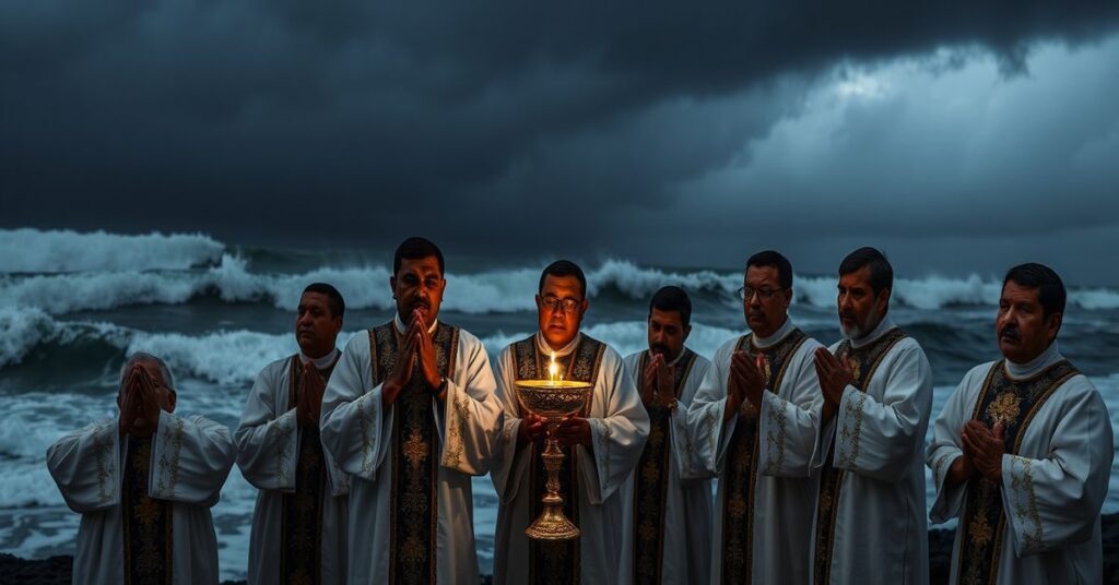 Sobór w Tumaco podczas ceremonii eucharystycznej z monstransem pod burzą