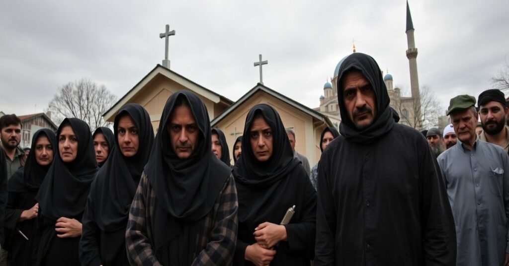 Turcy chrześcijanie modlący się przed kościołem pod presją islamskiego otoczenia