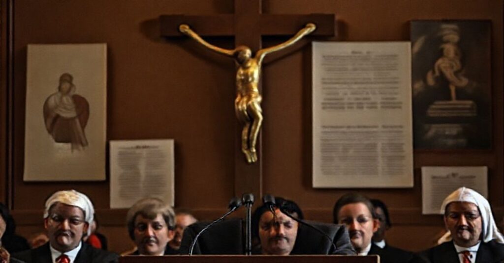 Portret Erica Scotta Turnera, sekretarza HUD, podczas przemówienia do Heartbeat International na tle tradycyjnych katolickich symboli