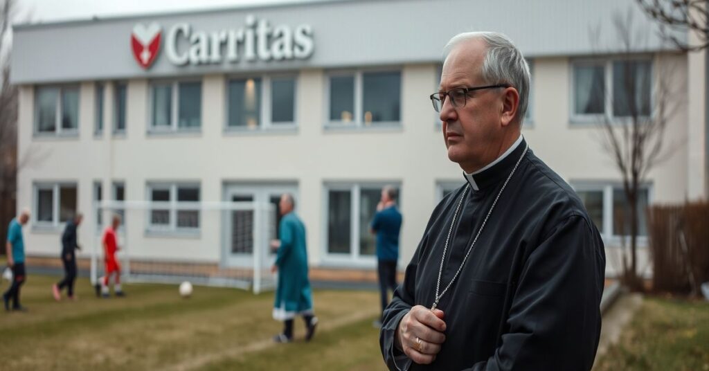 Tradycyjny ksiądz w sutannie stoi przed budynkiem hospicjum Caritas, obserwując Turniej Piłkarski z udziałem biskupa Mariana Florczyka i marszałka Renaty Janik.