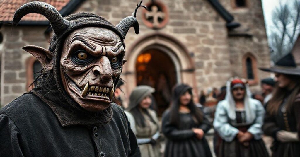 Demoniczna maska turonia przed kościołem w tradycyjnej polskiej wiosce.